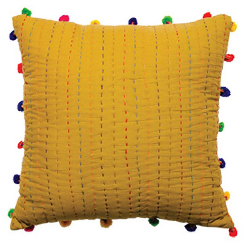 Kantha Cushion With Pom Poms 45cm