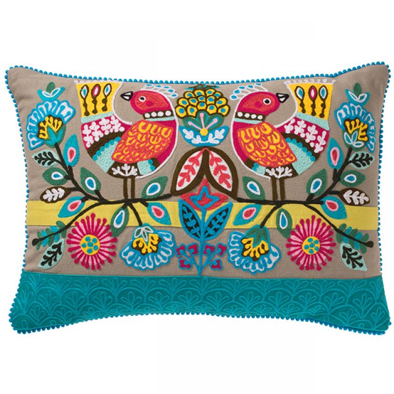 Embroidered Birds Cotton Cushion 35 x 50cm