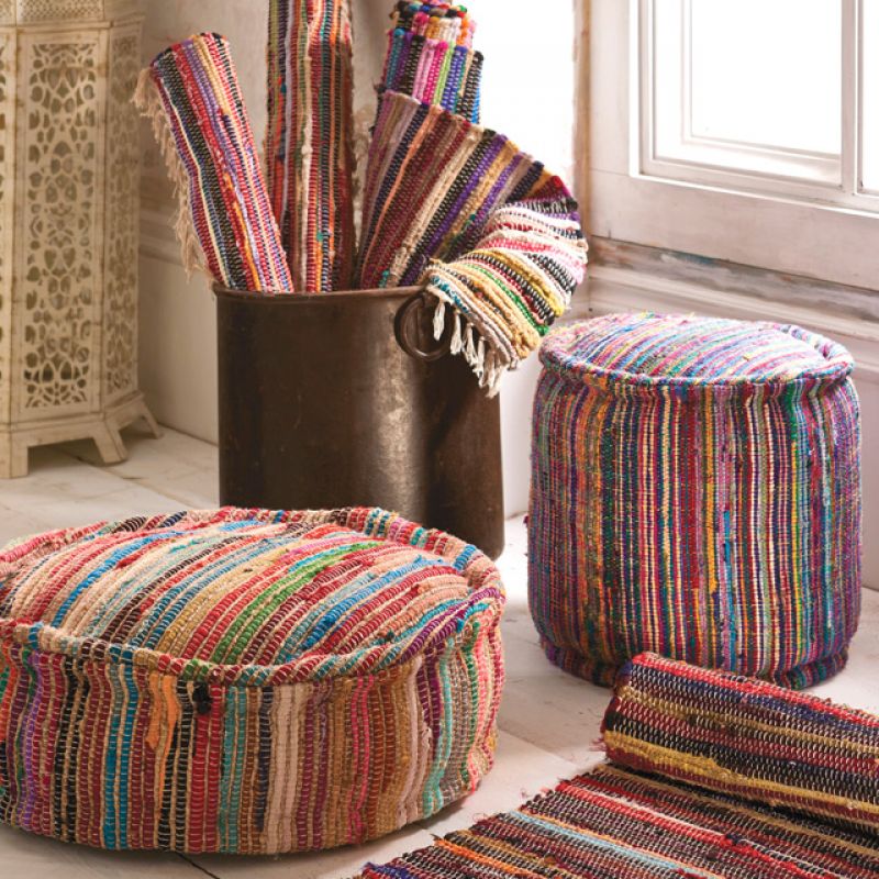 Recycled rag rug filled pouffe, 40x40x40cm