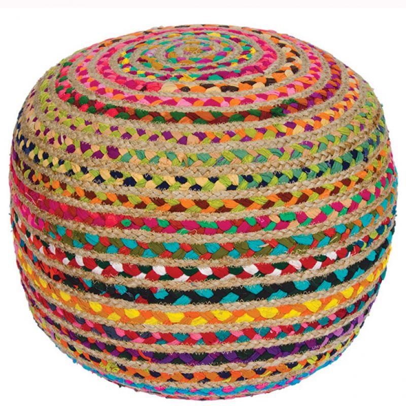 Multi chindi & jute pouffe, 50x50x40cm