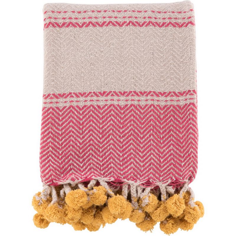 Pink cotton throw with tassels and yellow pom poms 125x150cm