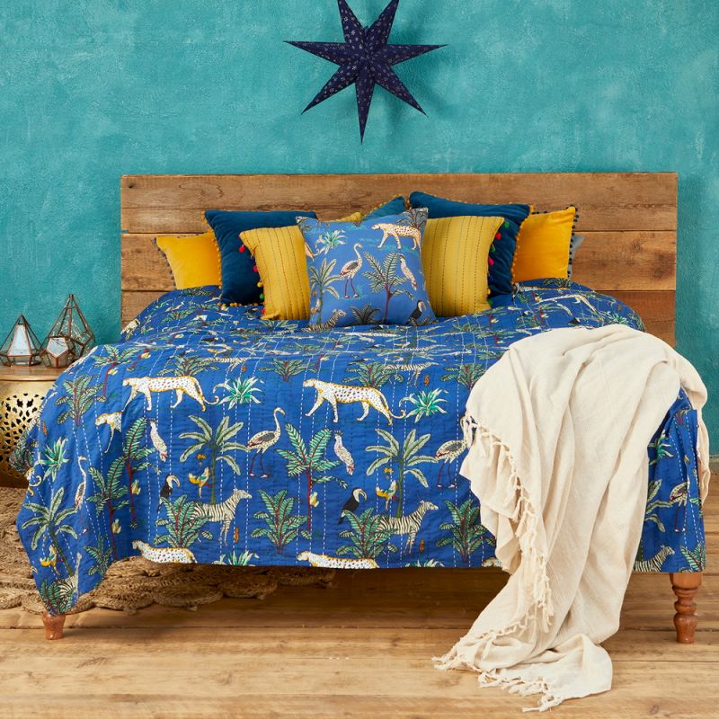 Jungle Print Kantha Bed Throw, Blue