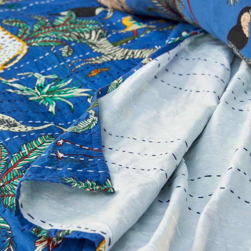 Jungle Print Kantha Bed Throw, Blue