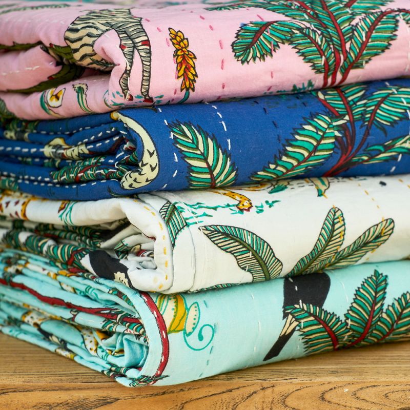 Jungle Print Kantha Bed Throw, Blue