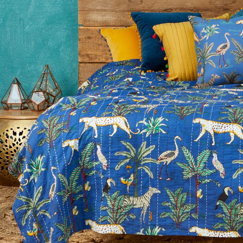 Jungle Print Kantha Bed Throw, Blue