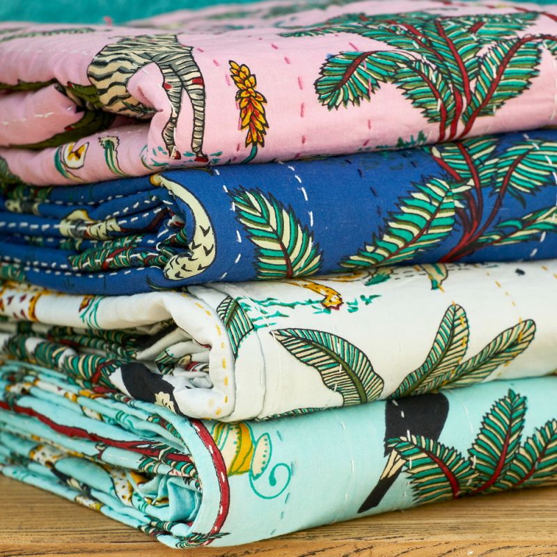Jungle Print Kantha Bed Throw, jade, 200x230cm