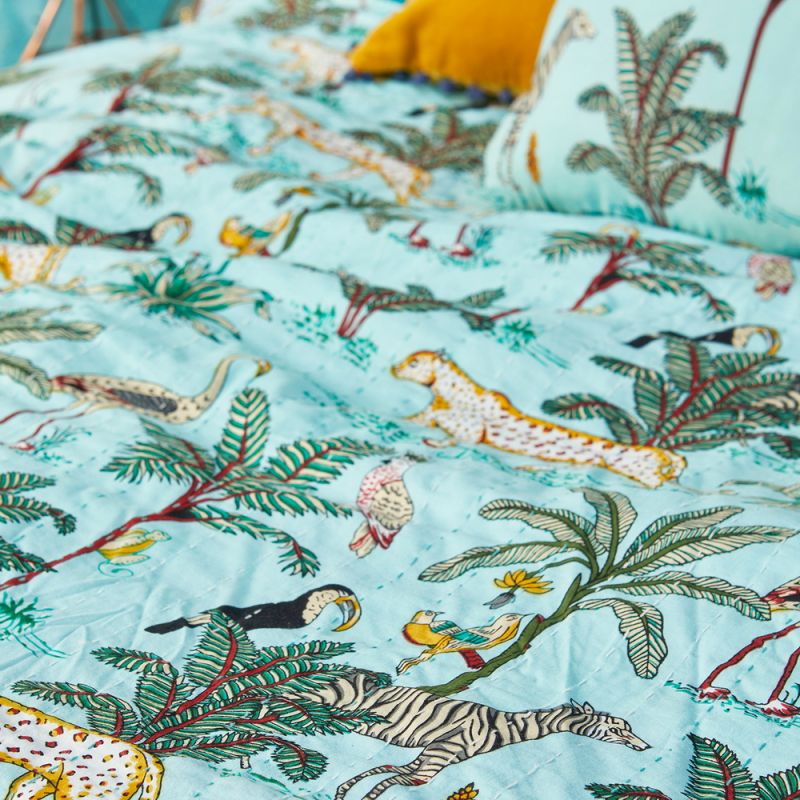 Jungle Print Kantha Bed Throw, jade, 200x230cm