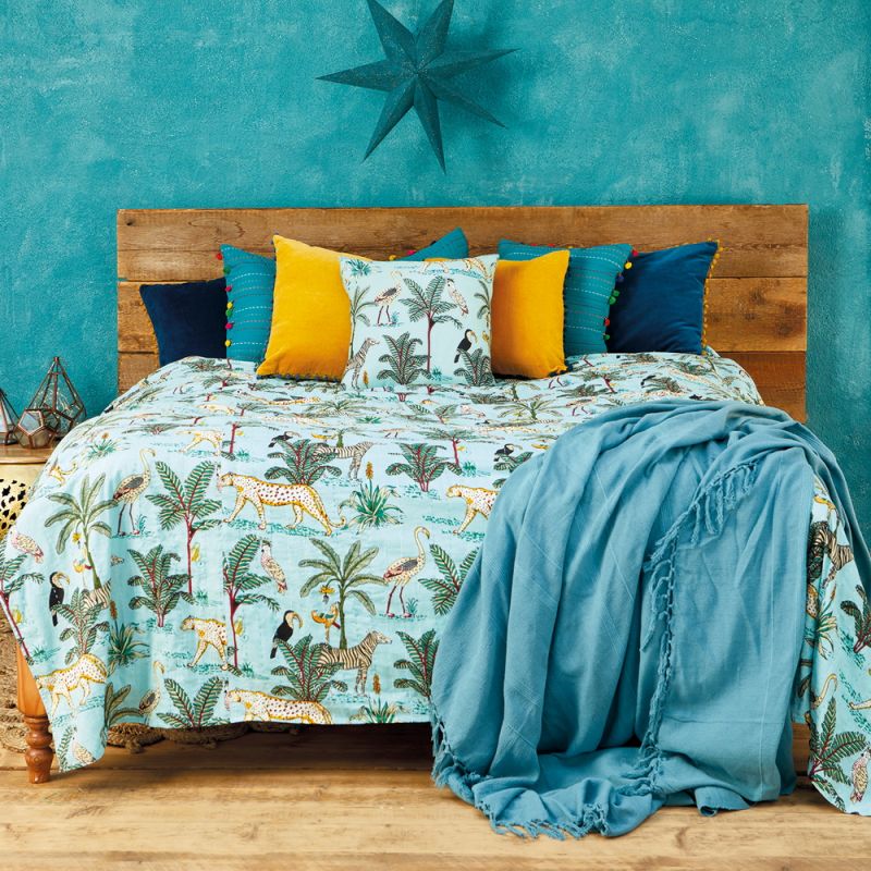 Jungle Print Kantha Bed Throw, jade, 200x230cm