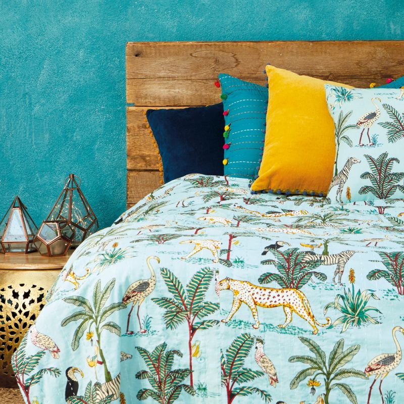 Jungle Print Kantha Bed Throw, jade, 200x230cm
