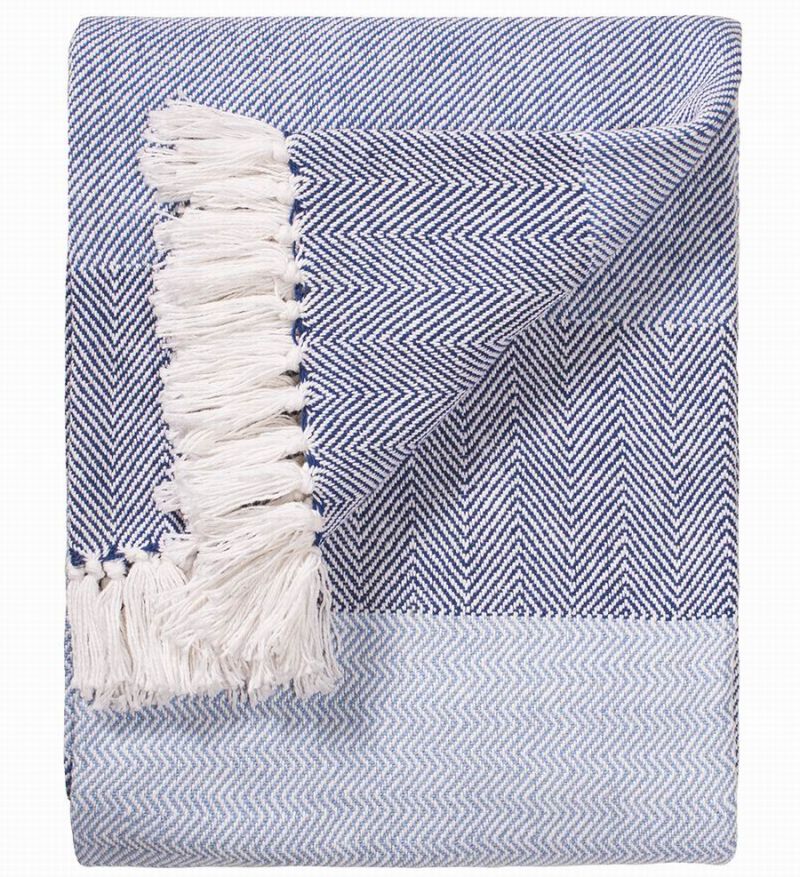 Herringbone stripe cotton throw, Blue, 130 x 180cm