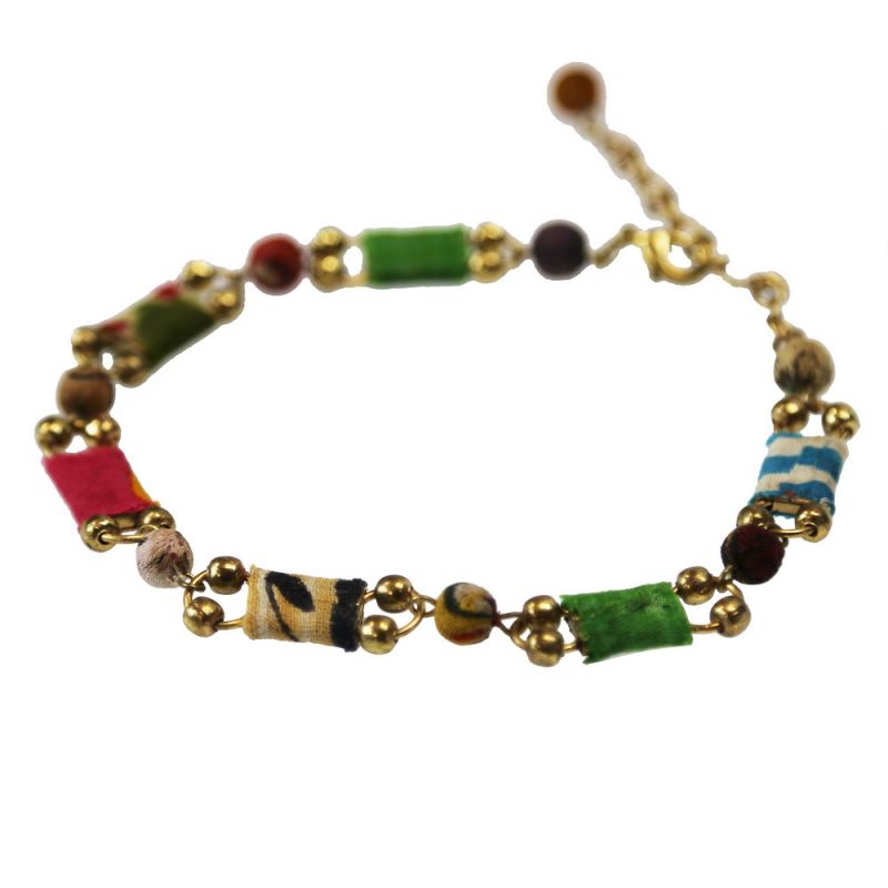 Recycled Fabric and Gold Bead Bracelet
