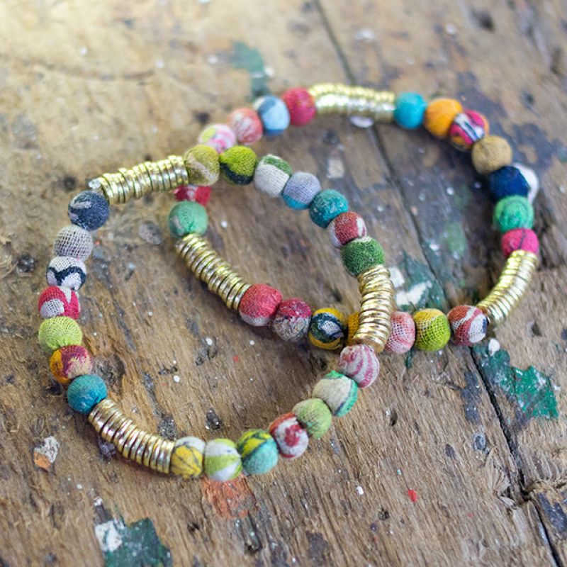 Recycled Fabric Bead Bracelet with Gold Spacers