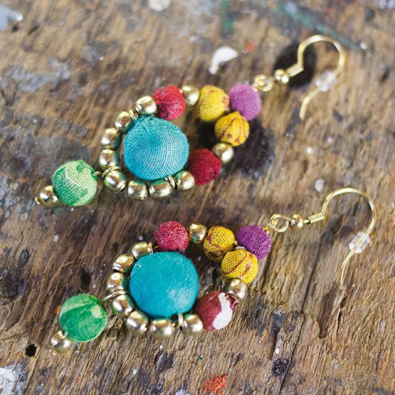 Pair of Recycled Fabric and Gold Bead Earrings