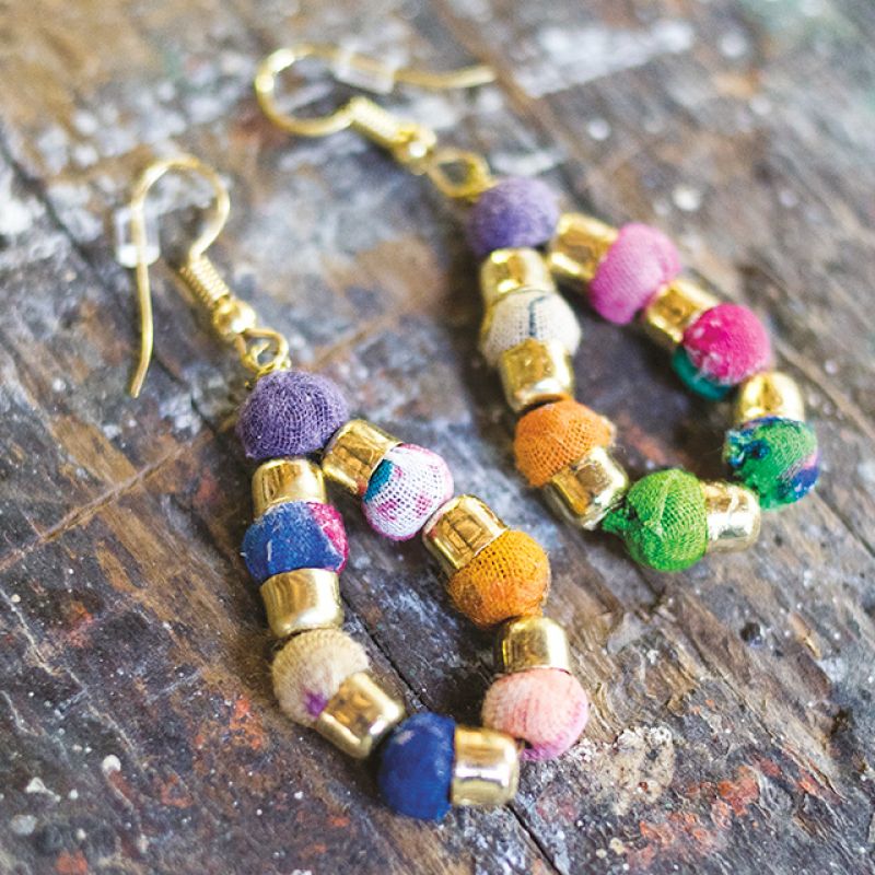 Pair of Gold Bead & Recycled Fabric Bead Earrings