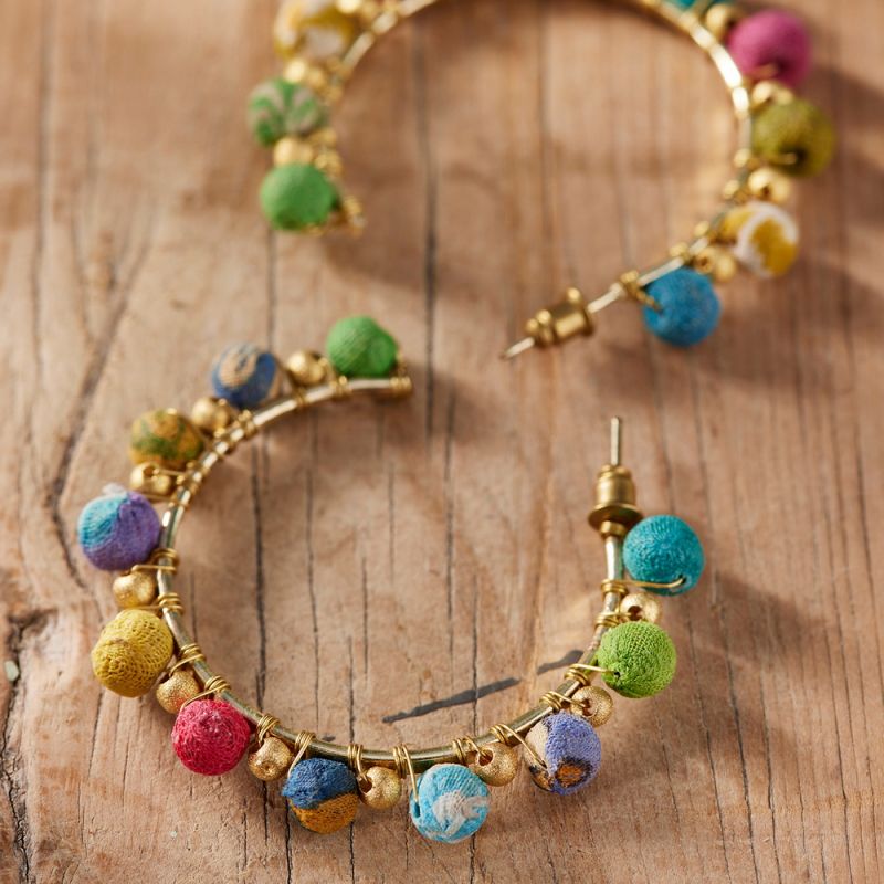 Recycled Sari Bead Hoop Earrings