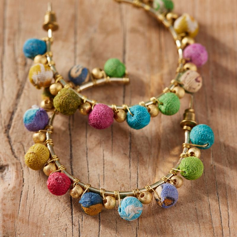 Recycled Sari Bead Hoop Earrings