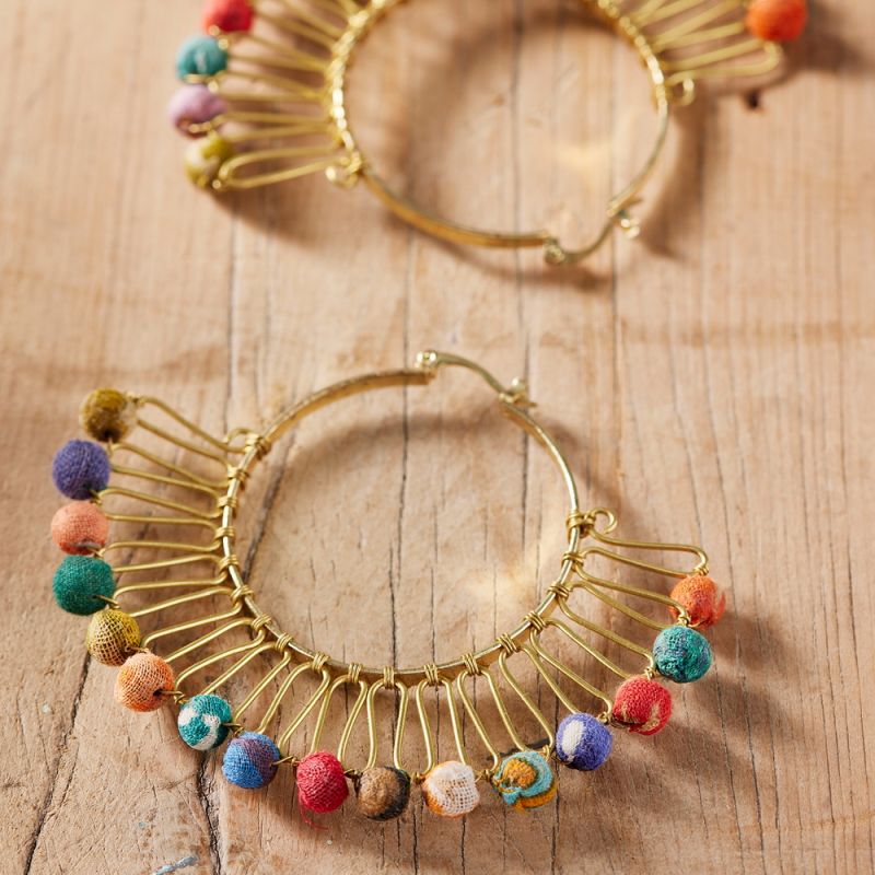 Recycled Sari Bead Fan Gold Earrings
