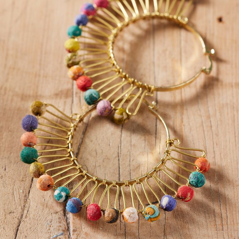 Recycled Sari Bead Fan Gold Earrings