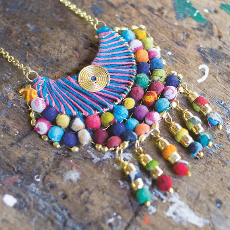 Fan Shape Necklace, Recycled Fabric Beads