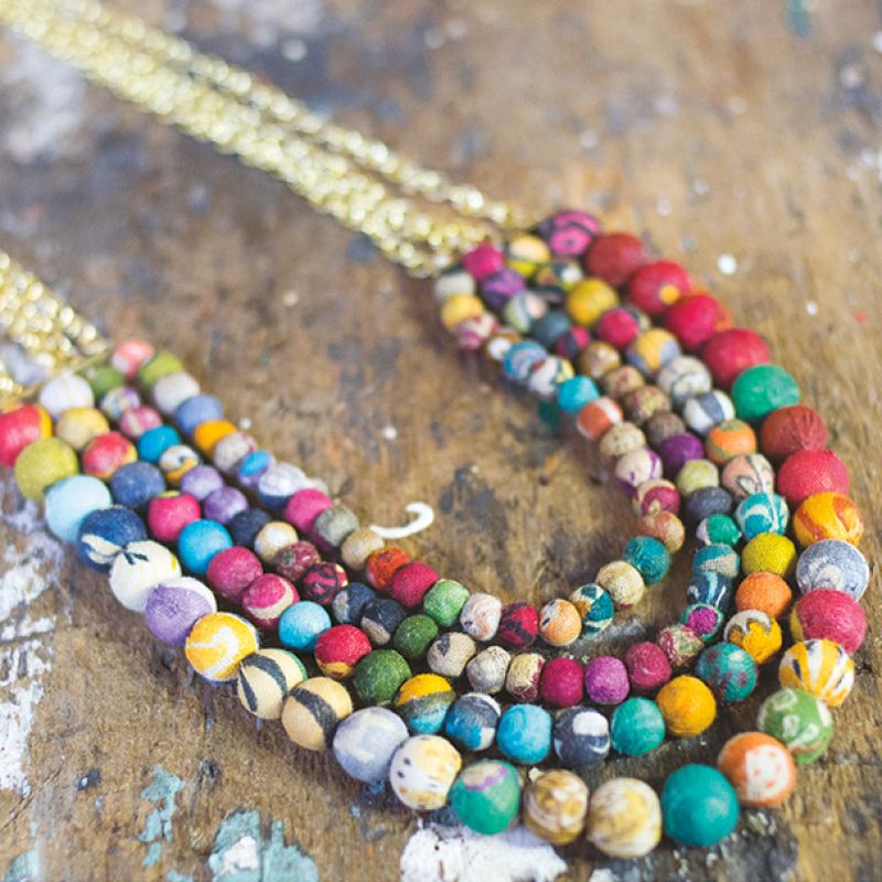 Chain and Recycled Fabric Beads Necklace