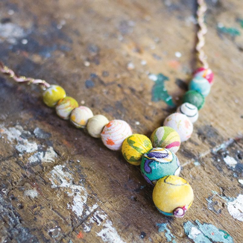 Cord and Recycled Fabric Bead Necklace