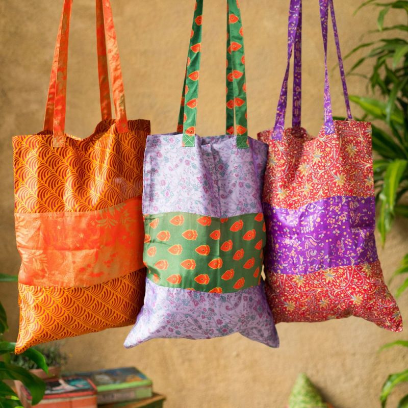 Recycled sari fabric tote bag, 35x45cm