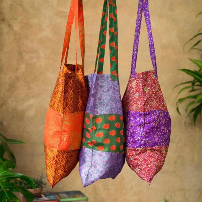 Recycled sari fabric tote bag, 35x45cm