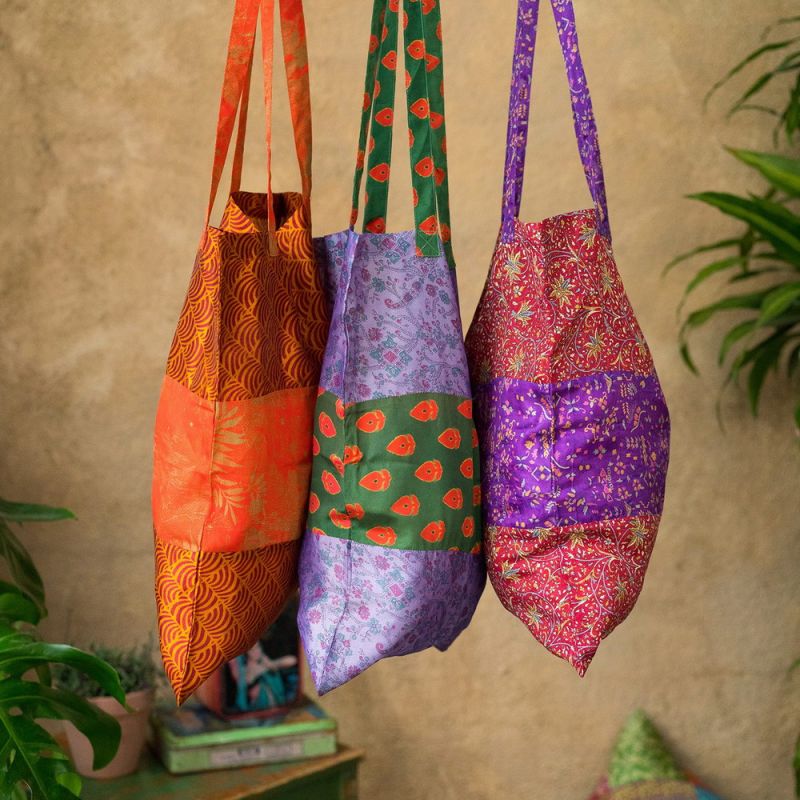 Recycled sari fabric tote bag, 35x45cm