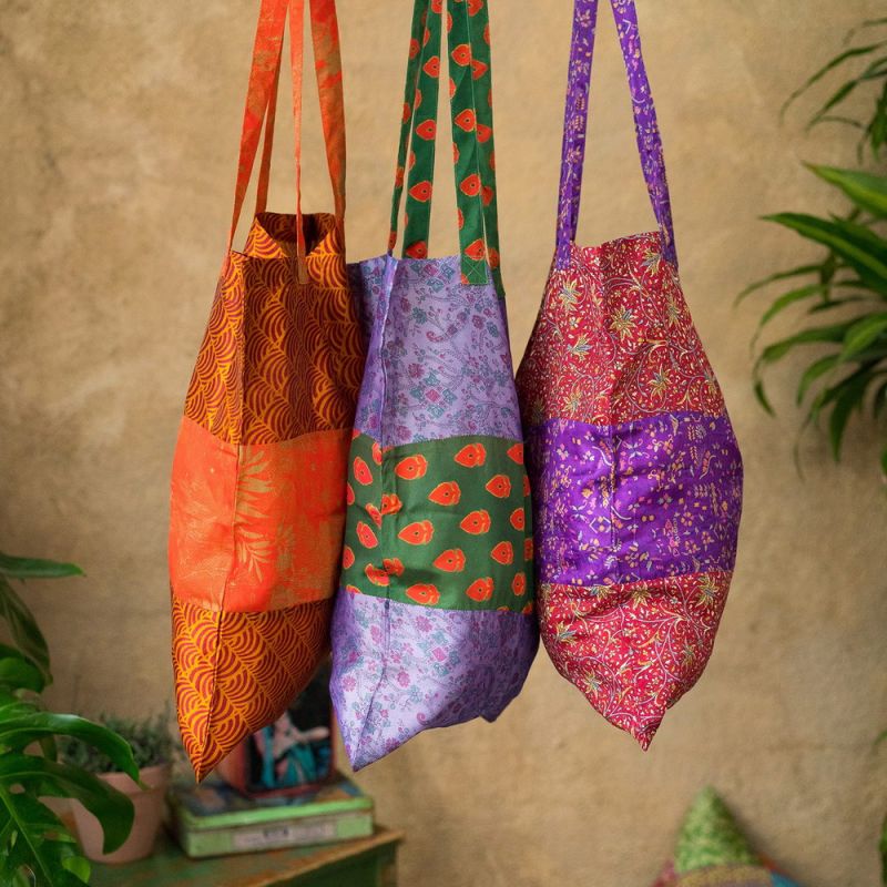 Recycled sari fabric tote bag, 35x45cm