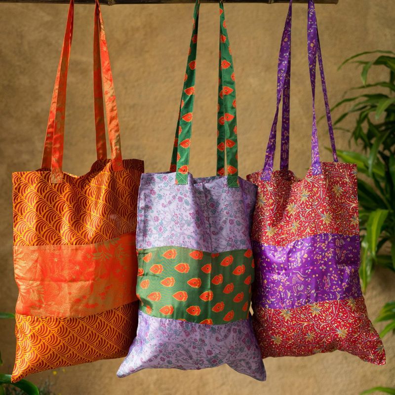 Recycled sari fabric tote bag, 35x45cm