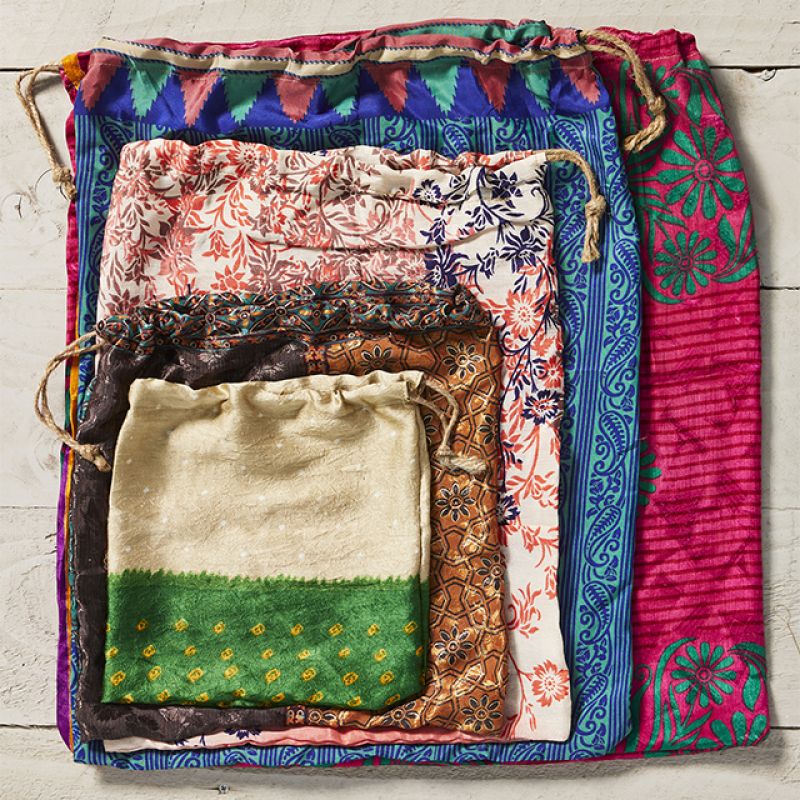 Recycled Sari Bag With Drawstring 22 x 22cm