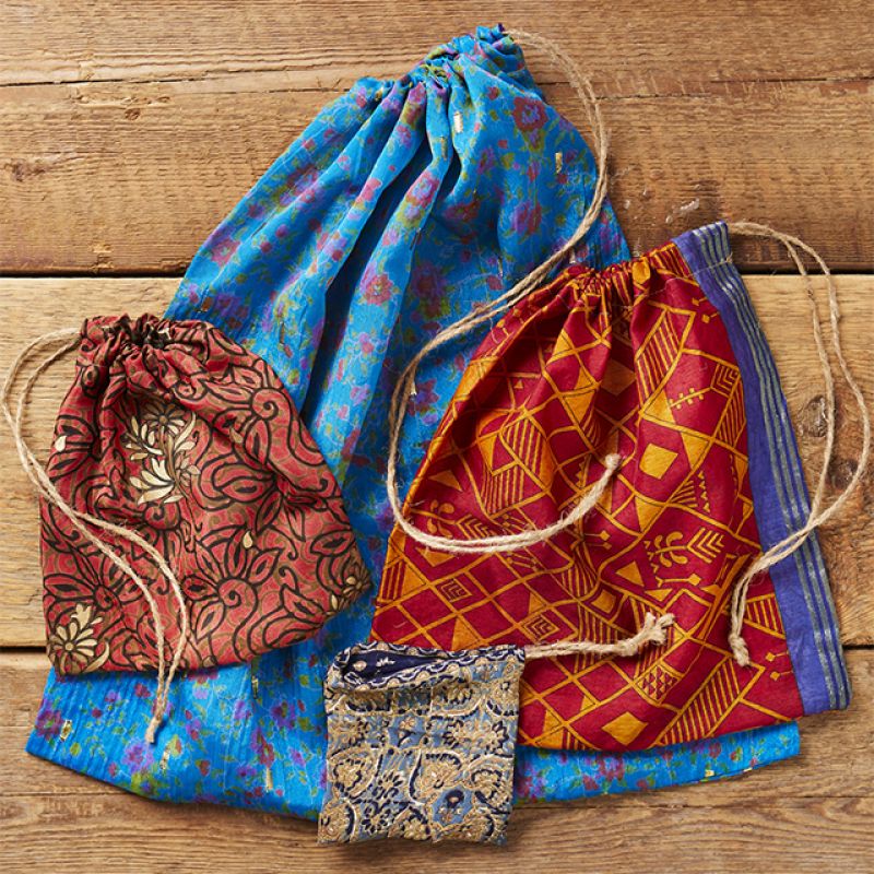 Recycled Sari Bag With Drawstring 48 x 48cm