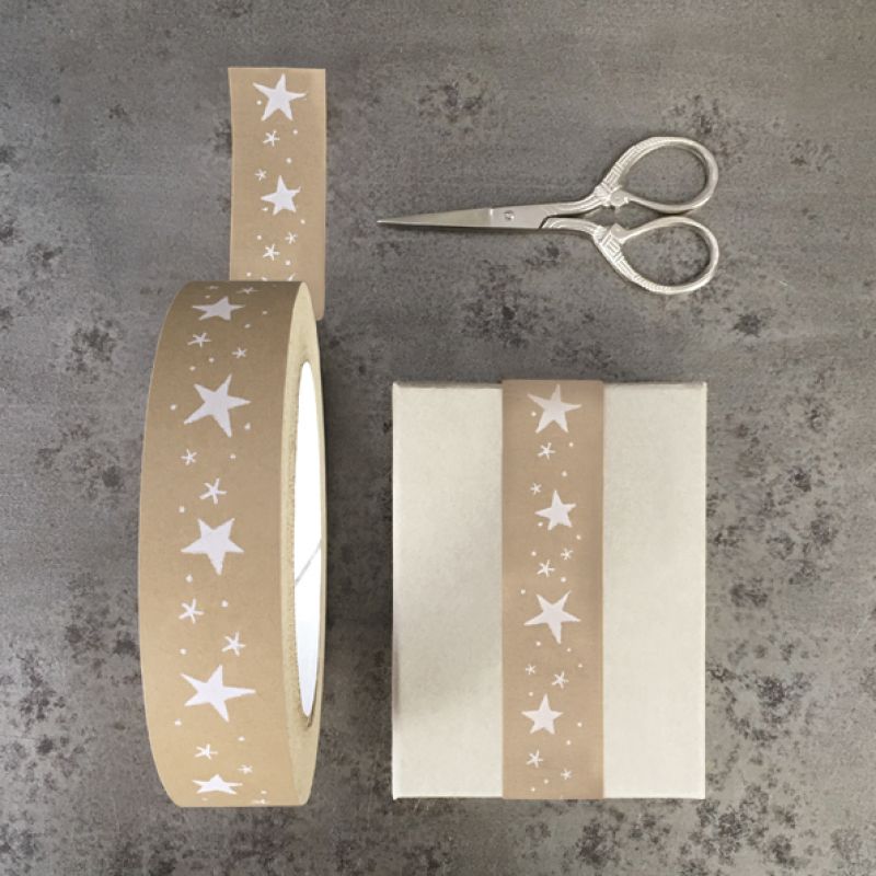 Wide brown tape-White stars ribbon