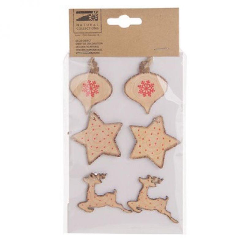 Wooden hanger deer/star/ball 5cm 6pc 