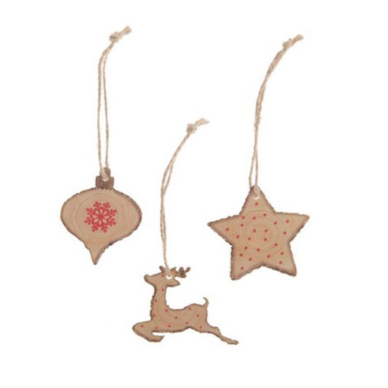 Wooden hanger deer/star/ball 5cm 6pc 