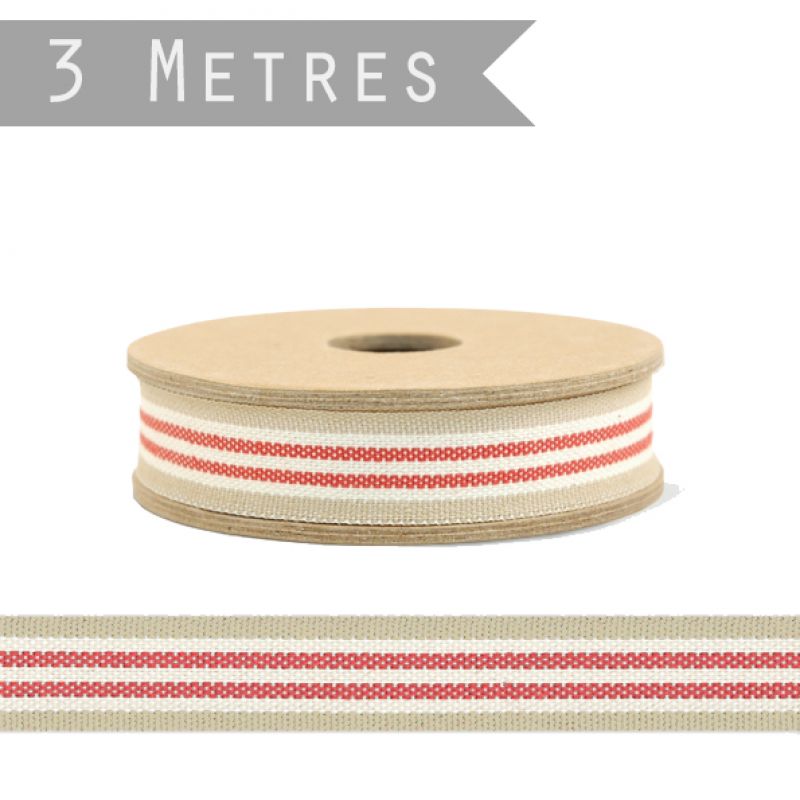 3 meter ribbon - 3 stripe beige/cream/red