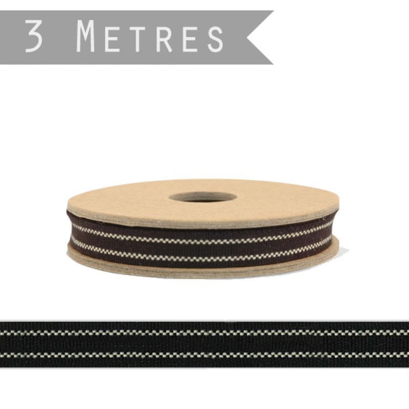 3 metre roll of ribbon - Black with 2 beige stripes