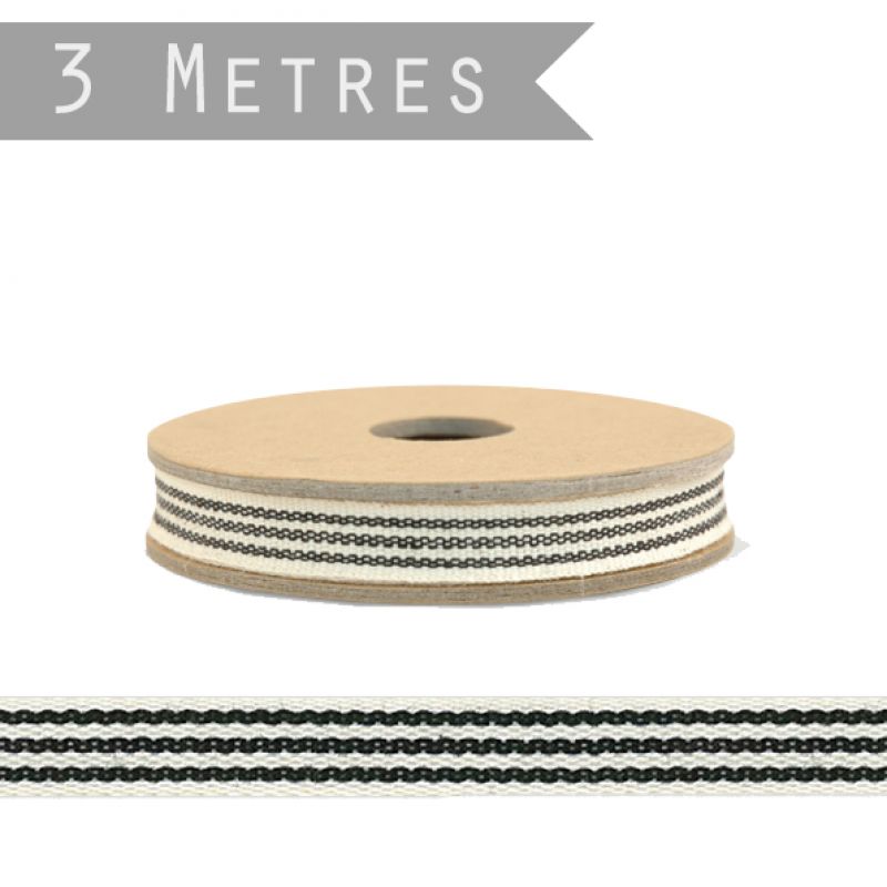3 metre roll of ribbon - Cream with 3 black stripes