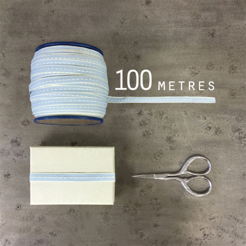 100 metre roll thin stitched ribbon - Light blue