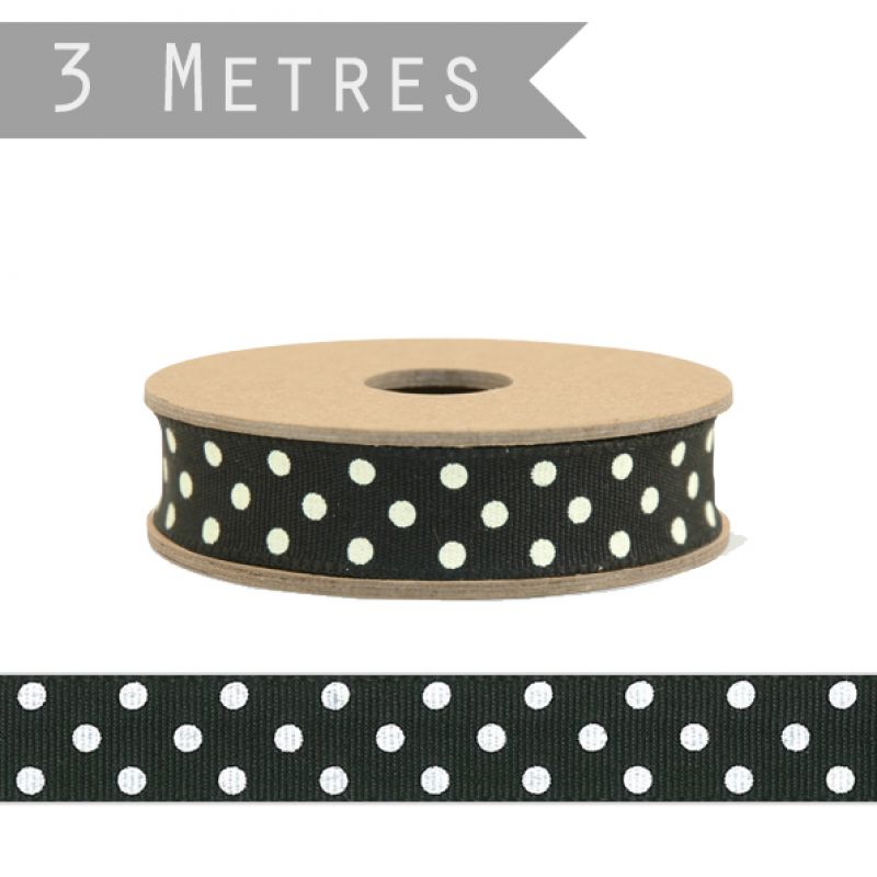 3 metre roll dotty ribbon - Black with cream dots