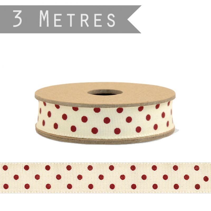 3 metre roll dotty ribbon - Cream with red dots