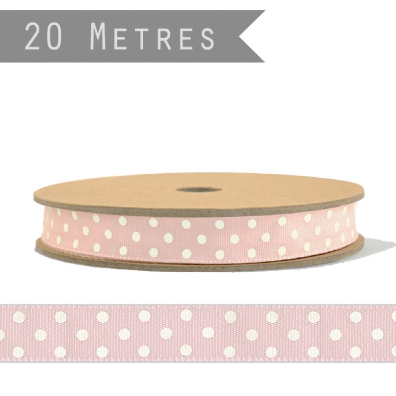 20 metre roll dotty ribbon - Pink with cream dots